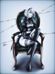 Rule 34 | android, barbed wire, black dress, black hairband, blue eyes, boots, breasts, chair, cleavage, cleavage cutout, clothing cutout, dress, feather-trimmed sleeves, hairband, head tilt, high heel boots, high heels, juliet sleeves, long sleeves, mole, mole under mouth, nier (series), nier:automata, no blindfold, pink lips, puffy sleeves, silver hair, sitting, solo, thigh boots, thighhighs, thighhighs under boots, thighs, vambraces, 2b (nier:automata)
