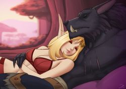 Rule 34 | 1boy, 1girl, black fur, blonde hair, bra, breasts, claws, cleavage, commentary, commission, deilan12, elf, english commentary, closed eyes, fangs, forest, furry, furry male, furry with non-furry, hetero, interspecies, large breasts, long hair, lying, medium hair, nature, navel, on back, outdoors, panties, pointy ears, profile, red bra, red panties, signature, sleeping, smile, underwear, upper body, warcraft, werewolf, world of warcraft