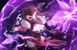 Rule 34 | 1girl, beidou (genshin impact), breasts, brown hair, cleavage, commentary, earrings, eyepatch, fingerless gloves, genshin impact, gloves, holding, holding sword, holding weapon, huge weapon, jewelry, kaijuicery, long hair, medium breasts, open mouth, ring, solo, sword, teeth, thighhighs, tongue, weapon