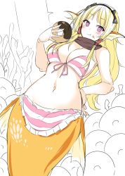 Rule 34 | 1girl, :t, absurdres, bikini, black bow, blonde hair, blush, bow, breasts, coral, coral reef, doughnut, fins, food, food on face, hair bow, hairband, hand on own hip, head fins, highres, holding, holding food, large breasts, long hair, looking at viewer, mermaid, monster girl, navel, original, pink bikini, purple eyes, smile, solo, stomach, striped bikini, striped clothes, suruga (xsurugax), swimsuit