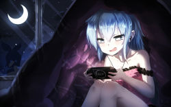 Rule 34 | 1girl, blanket, breasts, cleavage, crescent moon, earbuds, earphones, handheld game console, hatsune miku, highres, kagamine rin, legs together, moon, naughty face, night, open mouth, playing games, playstation portable, qys3, romeo to cinderella (vocaloid), silhouette, silhouette demon, sitting, sky, solo focus, star (sky), starry sky, under covers, vocaloid, when you see it, window
