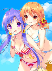 Rule 34 | 2girls, :3, :d, bikini, blush, bow, bracelet, breasts, cleavage, collaboration, flower, front-tie top, hair bow, hair flower, hair ornament, hair ribbon, hat, holding, holding clothes, holding hat, hug, hug from behind, jewelry, large breasts, long hair, looking at viewer, low twintails, multiple girls, navel, open mouth, orange eyes, orange hair, original, piyodera mucha, purple eyes, purple hair, ribbon, shiny skin, short hair, smile, straw hat, striped bikini, striped clothes, swimsuit, thigh gap, twintails, unworn hat, unworn headwear, usashiro mani