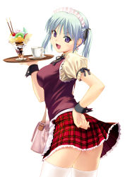 Rule 34 | 1girl, :d, apple, apple slice, aqua hair, bag, cherry, cowboy shot, cup, earrings, fang, food, fruit, ice cream, jewelry, kiwi (fruit), koutaro, looking at viewer, miniskirt, non-web source, open mouth, original, plaid, plaid skirt, pleated skirt, pocky, purple eyes, simple background, skirt, smile, solo, star (symbol), star earrings, thighhighs, tray, twintails, waitress, white background, white thighhighs, wrist cuffs, zettai ryouiki