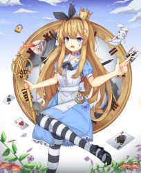 Rule 34 | 1girl, absurdres, alice (alice in wonderland), alice in wonderland, apron, black footwear, black hairband, black ribbon, blonde hair, blue bow, blue choker, blue dress, blue eyes, blush, bow, card, choker, cloud, club (shape), crown, cup, day, dress, facial tattoo, fang, flower, frilled apron, frilled dress, frilled shirt, frills, gears, hair ornament, hairband, hairclip, heart, highres, holding, holding card, joker (playing card), key, kjg720915, leaf, leg up, lock, long hair, looking at viewer, mary janes, monocle, mushroom, neck ribbon, open mouth, original, oversized object, pantyhose, playing card, pocket watch, puffy short sleeves, puffy sleeves, purple flower, red bow, ribbon, roman numeral, sash, shirt, shoes, short sleeves, sky, solo, spade (shape), striped clothes, striped pantyhose, stuffed animal, stuffed rabbit, stuffed toy, sugar cube, tareme, tattoo, tea, teacup, watch, white apron, wing collar