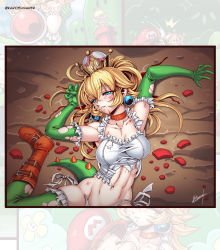 Rule 34 | 1girl, absurdres, blonde hair, blood, blood from mouth, comic, death, elbow gloves, empty eyes, from above, gloves, highres, karosu maker, mario (series), new super mario bros. u deluxe, nintendo, parted lips, solo, super crown, tears, torn clothes, yoshi