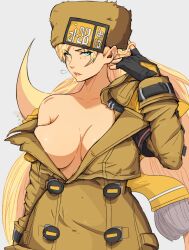 Rule 34 | 1girl, arc system works, blonde hair, blue eyes, breasts, coat, exposed shoulder, fingerless gloves, gloves, guilty gear, guilty gear strive, hat, highres, large breasts, long hair, milia, millia rage, open clothes, open coat, yoracrab