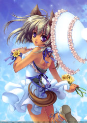 Rule 34 | 1girl, absurdres, animal ears, ankle lace-up, arm ribbon, blonde hair, cross-laced footwear, flower, frills, highres, looking back, parasol, ribbon, riv (rivleaf), solo, tail, tan, tanline, umbrella, wrist ribbon