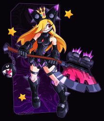 Rule 34 | 1girl, absurdres, adapted costume, artist name, axe, black background, black dress, black footwear, black gloves, blonde hair, boots, bracelet, breasts, chain chomp, crazy smile, crown, dress, full body, gloves, hair over one eye, highres, holding, holding axe, ishiexe, jewelry, mario (series), mario power tennis, mario tennis, nintendo, red eyes, small breasts, smile, solo, spiked bracelet, spikes, star (symbol), warupeach