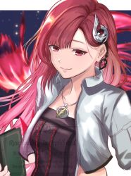 1girl aria_(harvestella) asymmetrical_bangs book closed_mouth commentary_request harvestella holding holding_book jewelry k0oo_0 long_hair necklace red_eyes red_hair smile solo upper_body watermark