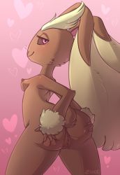 Rule 34 | 1girl, animal ears, ass, ass grab, black sclera, blush, breasts, clitoris, colored sclera, creatures (company), female focus, from behind, furry, furry female, game freak, gen 4 pokemon, half-closed eyes, hands on own ass, heart, heart background, legs apart, looking back, lopunny, nintendo, nipples, pink background, pink eyes, pokemon, pokemon (creature), pokemon dppt, pussy, rabbit ears, rabbit tail, signature, simple background, small breasts, smile, solo, standing, tail, text focus, uncensored, zucchininutbread