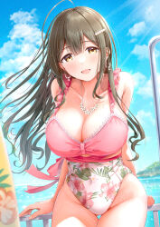 Rule 34 | 1girl, absurdres, ahoge, blush, breasts, brown hair, cleavage, collarbone, floral print, flower, flower necklace, fujinomiya rio, groin, highres, idolmaster, idolmaster shiny colors, jewelry, kuwayama chiyuki, large breasts, light rays, looking at viewer, necklace, one-piece swimsuit, outdoors, pink one-piece swimsuit, smile, solo, swimsuit, thigh gap