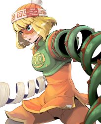 Rule 34 | 1girl, arms (game), beanie, blonde hair, enami katsumi, green eyes, hat, highres, min min (arms), shorts, solo, spring (object)