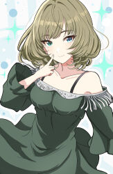 1girl absurdres blue_eyes closed_mouth daiichi_(1279220) dress green_dress green_eyes green_hair heterochromia highres idolmaster idolmaster_cinderella_girls idolmaster_cinderella_girls_starlight_stage looking_at_viewer medium_hair off-shoulder_dress off_shoulder pointing pointing_at_self smile solo takagaki_kaede