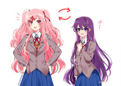 Rule 34 | 2girls, :d, :o, alternate hair length, alternate hairstyle, arrow (symbol), artist name, blue skirt, commentary, doki doki literature club, english commentary, eyes visible through hair, fang, flying sweatdrops, grey jacket, hair between eyes, hair ornament, hair ribbon, hairclip, hand on own chest, hands on own hips, jacket, long hair, long sleeves, looking at viewer, multiple girls, natsuki (doki doki literature club), open mouth, outline, pink eyes, pink hair, pleated skirt, purple eyes, purple hair, red ribbon, ribbon, role reversal, savi (byakushimc), school uniform, simple background, skirt, smile, two side up, very long hair, white background, white outline, wing collar, yuri (doki doki literature club)