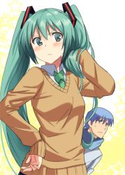 1boy 1girl aqua_eyes aqua_hair blue_hair blush can&#039;t_be_this_cute hair_ornament hatsune_miku hyakuen_raitaa kaito_(vocaloid) necktie ore_no_imouto_ga_konna_ni_kawaii_wake_ga_nai parody twintails vocaloid