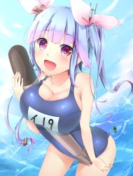 Rule 34 | 10s, 1girl, bad id, bad pixiv id, blue hair, breasts, fang, highres, i-19 (kancolle), kantai collection, large breasts, navy (navy.blue), one-piece swimsuit, personification, red eyes, school swimsuit, solo, swimsuit, torpedo, twintails