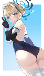 Rule 34 | 1girl, ass, back, bare shoulders, black gloves, black leotard, blonde hair, blue archive, blue background, blue eyes, blush, bun cover, closed mouth, cowboy shot, elbow gloves, from behind, gloves, hair bun, halo, highres, leotard, looking at viewer, looking back, maid headdress, ryoutsu, short hair, simple background, single hair bun, solo, thighhighs, toki (blue archive), v, white thighhighs