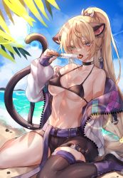 Rule 34 | absurdres, animal ears, bare shoulders, beach, belt, bikini, bikini top only, black bikini, black footwear, black legwear, blonde hair, blue eyes, blue sky, breasts, cat ears, choker, cloud, cloudy sky, collarbone, commission, eyes visible through hair, fang, food, hair between eyes, highres, holding, holding food, hot, jacket, kithera, long hair, melting, mountain, multicolored clothes, ocean, open clothes, open jacket, open mouth, original, outdoors, patterned, patterned clothing, pebble, ponytail, popsicle, purple footwear, sand, silhouette, sitting, skindentation, sky, solo, summer, sun, sweat, swimsuit, tail, tetris, thighs, tongue, tongue out, very long hair, wariza, water, white jacket