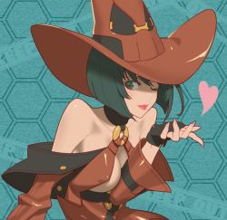 Rule 34 | 1girl, bare shoulders, cleavage cutout, clothing cutout, fingerless gloves, gloves, green eyes, green hair, guilty gear, hat, heart, i-no, lips, matching hair/eyes, mole, nail polish, one eye closed, red hat, solo, souma kira, witch hat