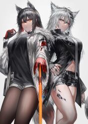 Rule 34 | 2girls, absurdres, akqne, arknights, black gloves, black hair, black nails, black shirt, black shorts, blue eyes, breasts, brown pantyhose, cigarette, closed mouth, fingerless gloves, gloves, gradient background, grey hair, highres, holding, holding cigarette, holding sword, holding weapon, jacket, lappland (arknights), large breasts, long hair, long sleeves, looking at viewer, material growth, multiple girls, nail polish, navel, official alternate costume, open clothes, open jacket, oripathy lesion (arknights), pantyhose, pantyhose under shorts, red gloves, scar, scar across eye, scar on face, shirt, short shorts, shorts, smile, sword, texas (arknights), texas (winter messenger) (arknights), two-tone gloves, very long hair, weapon, white background, white jacket, white shorts, yellow eyes