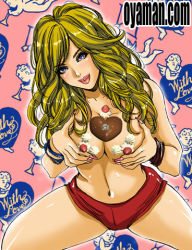 Rule 34 | 1girl, :p, blonde hair, blue eyes, breasts, candy, chocolate, chocolate heart, cleavage, convenient censoring, cream, fingernails, food, fruit, graphite (medium), gyaru, heart, kogal, large breasts, long hair, lowres, nail polish, original, oyaman, smile, solo, strawberry, tongue, tongue out, traditional media, valentine