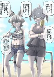 Rule 34 | 2girls, african wild dog (kemono friends), alternate costume, animal ears, arm behind back, arm support, bare arms, bare legs, bare shoulders, beach, belt, bird tail, black hair, blonde hair, camouflage, camouflage shirt, casual, closed mouth, collarbone, contemporary, crop top, cropped shirt, crossed arms, day, dog ears, dog tail, extra ears, feet out of frame, food, gm (ggommu), grey hair, hair between eyes, height difference, highres, holding, holding food, kemono friends, looking at another, medium hair, midriff, multicolored hair, multiple girls, navel, ocean, open mouth, outdoors, popsicle, print shirt, sand, shirt, shoebill (kemono friends), short hair, shorts, side-by-side, sidelocks, sitting, sleeveless, sleeveless shirt, standing, stomach, summer, sunglasses, tail, toned, translation request, water, wristband