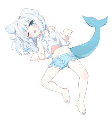 Rule 34 | 1girl, ;p, alternate costume, bare legs, barefoot, blue eyes, blue hair, blue nails, blush, denim, denim shorts, feet, fins, fish tail, gawr gura, highres, hololive, hololive english, lying, multicolored hair, nail polish, on back, one eye closed, shark girl, shark tail, shorts, simple background, solo, streaked hair, tail, toes, tongue, tongue out, two-tone hair, ugaaaa1, virtual youtuber