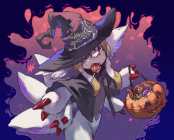 Rule 34 | 1girl, aura, basket, black cape, black hat, black skin, blue background, candy, cape, claws, colored skin, cowboy shot, extra arms, fang, faputa, fewer digits, food, food in mouth, gradient background, hair between eyes, halloween, halloween bucket, hat, highres, holding, holding basket, jack-o&#039;-lantern, lollipop, looking at viewer, made in abyss, monster girl, multicolored hair, multiple tails, outie navel, outstretched arms, sidelocks, solo, swirl lollipop, tail, taira (zattairattt), white fur, white hair, witch hat, yellow eyes