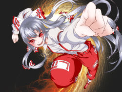 Rule 34 | 1girl, absurdres, bow, colorized, female focus, foreshortening, fujiwara no mokou, hair bow, highres, long hair, looking at viewer, outstretched arm, perspective, red eyes, solo, toron (mino106), touhou, yakusouuu