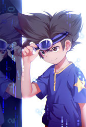 Rule 34 | 1boy, adjusting goggles, blue shirt, brown eyes, brown hair, digimon, digimon adventure, goggles, goggles on head, hand up, highres, hmniao, male focus, reflection, shirt, short sleeves, smile, solo, spiked hair, star (symbol), star print, upper body, yagami taichi