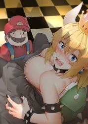 Rule 34 | 1boy, 1girl, after fellatio, back, black dress, black legwear, black nails, blonde hair, blue eyes, blush, bowsette, bracelet, breasts, brown hair, cabbie hat, caught, checkered floor, collar, dress, earrings, facial hair, fingernails, from above, from behind, ginhaha, hair between eyes, hat, horns, huge breasts, implied cunnilingus, jewelry, looking at viewer, looking back, mario, mario (series), mustache, nail polish, new super mario bros. u deluxe, nintendo, nose blush, overalls, pointy ears, pov, princess peach, pussy juice, red hat, red shirt, saliva, shadow, sharp teeth, shiny skin, shirt, solid oval eyes, spiked bracelet, spiked collar, spiked shell, spikes, spread legs, strapless, strapless dress, super crown, teeth, under skirt