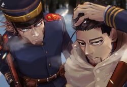 Rule 34 | 2boys, alternate costume, arisaka, beard, black eyes, black hair, blue jacket, bolt action, breath, cape, collared jacket, facial hair, facial scar, from above, frown, golden kamuy, gun, hair slicked back, hand in own hair, hat, holding, holding gun, holding weapon, hood, hooded cape, imperial japanese army, jacket, kepi, long sleeves, looking at viewer, male focus, mature male, military hat, military uniform, multiple boys, ogata hyakunosuke, rifle, scar, scar on cheek, scar on face, serious, short hair, snow, stubble, undercut, uneven eyes, uniform, vasily (golden kamuy), weapon, white cape, winter, yumi (soak1111)