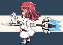 Rule 34 | 2girls, batchgooya, beam cannon, blue fire, blush stickers, boots, cat, chibi, commentary, dress, exhaust, fire, from side, gundam, gundam calibarn, gundam suisei no majo, hair down, highres, holding, holding cannon, holding weapon, long hair, miorine rembran, multiple girls, red hair, suletta mercury, thick eyebrows, thrusters, weapon, white dress, white footwear