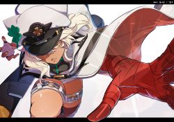 Rule 34 | 1girl, bandaged arm, bandaged leg, bandages, dated, fingerless gloves, gloves, guilty gear, guilty gear strive, hat, highres, kousuke (kari), letterboxed, military hat, nail polish, one eye covered, outside border, ramlethal valentine, reaching, reaching towards viewer, serious, shorts, solo, sword, thigh strap, weapon, white background, white gloves, white hair, white hat, white shorts, yellow eyes, yellow nails