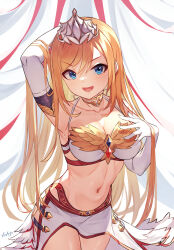 Rule 34 | 1girl, :d, arms behind head, arpeggio kaga, bandeau, blonde hair, blue eyes, breasts, cassiopeia (shingeki no bahamut), cleavage, collarbone, commentary request, crown, elbow gloves, gloves, granblue fantasy, hair between eyes, hair lift, halterneck, highres, large breasts, lifting own clothes, long hair, looking at viewer, navel, open mouth, revealing clothes, side slit, signature, simple background, smile, solo, white gloves