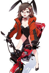 Rule 34 | 1girl, animal ears, black footwear, black gloves, blush, breasts, brown hair, detached collar, fake animal ears, gloves, goten (510gensoku), hair ornament, highres, jacket, leotard, looking at viewer, medium breasts, medium hair, motor vehicle, motorcycle, on motorcycle, open clothes, open mouth, open shirt, original, playboy bunny, rabbit ears, red jacket, round eyewear, simple background, smile, solo, white background