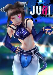 Rule 34 | 1girl, baggy pants, bare shoulders, belt, black hair, blue legwear, blunt bangs, bracelet, breasts, capcom, chinese clothes, detached sleeves, drill hair, dudou, female focus, fingerless gloves, gloves, glowing, glowing eye, grin, hair ornament, halterneck, han juri, hasumi shizuko, highres, jewelry, lips, lipstick, makeup, midriff, multiple belts, nail polish, pants, purple eyes, short hair, short twintails, sideboob, smile, solo, spiked bracelet, spikes, street fighter, street fighter iv (series), thigh gap, twin drills, twintails