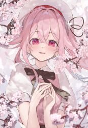 Rule 34 | 1girl, beret, cherry blossoms, dress, hair flaps, harusame (kancolle), hat, highres, kantai collection, own fingers together, picoli1313, pink dress, pink eyes, pink hair, puffy short sleeves, puffy sleeves, short sleeves, side ponytail, solo