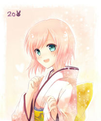 Rule 34 | 00s, 10s, 1girl, 2011, akamomo, bad id, bad pixiv id, estellise sidos heurassein, green eyes, japanese clothes, kimono, new year, open mouth, pink hair, pink theme, short hair, solo, tales of (series), tales of vesperia, white background