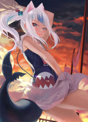 Rule 34 | 1girl, :d, animal ears, blue dress, blue eyes, blue hair, cat ears, cloud, commentary request, cowboy shot, dress, extra ears, fins, fish tail, floating clothes, gawr gura, gawr gura (casual), highres, hololive, hololive english, long hair, looking at viewer, multicolored hair, open mouth, outdoors, revision, shark tail, side ponytail, sidelocks, sky, sleeveless, sleeveless dress, smile, solo, sunset, tail, teeth, thighs, torriet, two-tone hair, upper teeth only, virtual youtuber, white hair
