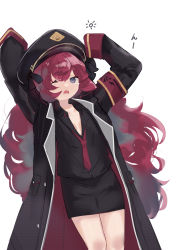 Rule 34 | 1girl, absurdres, arms up, black shirt, black skirt, blue archive, blue eyes, curly hair, d;, hat, highres, iroha (blue archive), jacket, kilabo, long sleeves, looking up, military, military hat, military jacket, miniskirt, necktie, one eye closed, open mouth, pencil skirt, red hair, red necktie, shirt, simple background, single tear, skirt, sleeves past wrists, slit pupils, solo, standing, stretching, white background