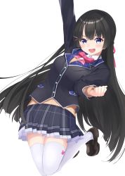Rule 34 | 1girl, :d, absurdres, black footwear, black hair, black jacket, black skirt, blazer, blue eyes, blush, bow, braid, breasts, brown sweater, collared shirt, commentary request, date (mamanonamaebot), dress shirt, frilled skirt, frills, hair ornament, hairclip, highres, jacket, loafers, long hair, long sleeves, nijisanji, open mouth, pink bow, plaid, plaid skirt, pleated skirt, shirt, shoes, simple background, skirt, small breasts, smile, solo, sweater, teeth, thighhighs, tsukino mito, tsukino mito (1st costume), upper teeth only, v-shaped eyebrows, very long hair, virtual youtuber, white background, white shirt, white thighhighs