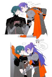 Rule 34 | ..., 2boys, 2girls, ?, arm guards, armor, arval (fire emblem), blue hair, blush, book, byleth (female) (fire emblem), byleth (fire emblem), byleth (male) (fire emblem), capelet, crossed legs, dual persona, english text, expressionless, eye contact, fire emblem, fire emblem: three houses, fire emblem warriors, fire emblem warriors: three hopes, glaring, hair bun, hair over one eye, highres, holding, holding book, kabedon, leaning forward, long hair, looking at another, multiple boys, multiple girls, nintendo, oratoza, serious, shez (female) (fire emblem), shez (fire emblem), shez (male) (fire emblem), short hair, sitting, speech bubble, spoken ellipsis, spoken question mark, sweatdrop