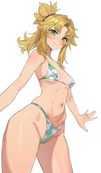 Rule 34 | 1girl, absurdres, bikini, blonde hair, blush, breasts, fang, fate/apocrypha, fate (series), green bikini, green eyes, hair ornament, hair scrunchie, highres, kiritzugu, long hair, looking at viewer, mordred (fate), mordred (fate/apocrypha), navel, red scrunchie, scrunchie, shiny skin, simple background, skindentation, small breasts, smile, solo, standing, swimsuit, white background