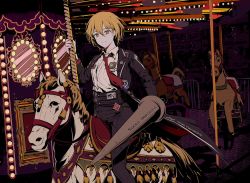 Rule 34 | 1girl, black jacket, black pants, blonde hair, carousel, don quixote (project moon), hair between eyes, high-waist pants, highres, jacket, limbus company, necktie, pants, polearm, project moon, red necktie, resolution mismatch, riding, source larger, tractrix, weapon, writing, yellow eyes