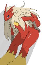 Rule 34 | 1girl, absurdres, blaziken, blonde hair, blue eyes, blush, blush stickers, chizi, closed mouth, creatures (company), female focus, furry, furry female, game freak, gen 3 pokemon, grey background, half-closed eyes, highres, long hair, looking back, navel, nintendo, pokemon, pokemon (creature), shiny skin, simple background, solo, standing, tail