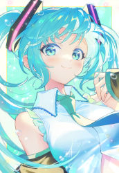 Rule 34 | 1girl, armpit crease, bare shoulders, black sleeves, blue eyes, blue hair, border, breasts, closed mouth, collared shirt, colored eyelashes, detached sleeves, eyelashes, fingernails, frills, glint, glowing, green background, green necktie, hair ornament, hand up, hatsune miku, highres, lens flare, light blush, light particles, long hair, looking at viewer, medium breasts, midriff peek, necktie, partially unbuttoned, polka dot, polka dot background, sakuro, shirt, simple background, sleeveless, sleeveless shirt, smile, solo, twintails, upper body, very long hair, vocaloid, water drop, white border, white shirt