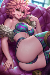 Rule 34 | 1girl, ashido mina, ass, bare shoulders, bikini, black sclera, blurry, blurry background, boku no hero academia, breasts, brown footwear, collarbone, colored sclera, colored skin, commentary, couch, english commentary, feather boa, green bikini, green thighhighs, horns, large breasts, mixed-language commentary, neoartcore, on couch, paid reward available, patreon username, pink hair, pink skin, purple bikini, purple thighhighs, saliva, short hair, solo, swimsuit, teeth, thai commentary, thighhighs, tongue, two-tone bikini, two-tone thighhighs, yellow eyes