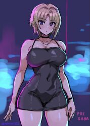 Rule 34 | 1girl, bare shoulders, black dress, blonde hair, bracelet, breasts, camisole, choker, dress, ellen aice, hair ornament, highres, jewelry, large breasts, midriff, mordeth, muv-luv, muv-luv: dimensions, muv-luv alternative, muv-luv unlimited: the day after, necklace, purple eyes, solo, stomach, thick thighs, thighs