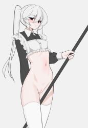 Rule 34 | 1girl, between legs, black eyes, bottomless, breasts, broom, buttons, cleft of venus, collared shirt, frilled shirt, frills, hair between eyes, highres, hip bones, holding, jersey maid, long hair, long sleeves, looking at viewer, maid, mustee, narrow waist, navel, original, parted lips, pussy, shirt, sidelocks, simple background, skinny, small breasts, solo, standing, thighhighs, twintails, uncensored, unconventional maid, white background, white hair, white thighhighs